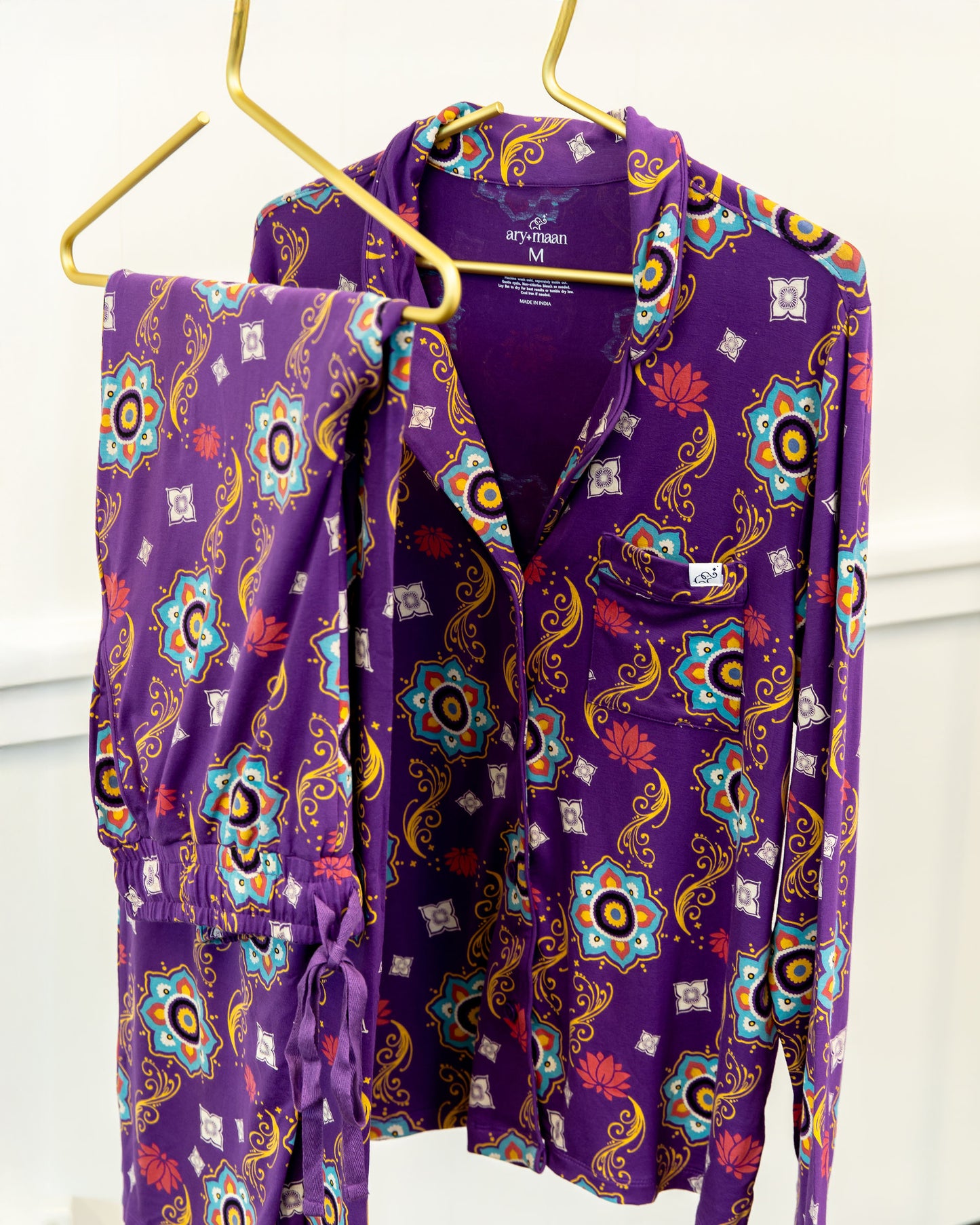 Adult Long Sleeve Button-Down Top – Purple Rangoli