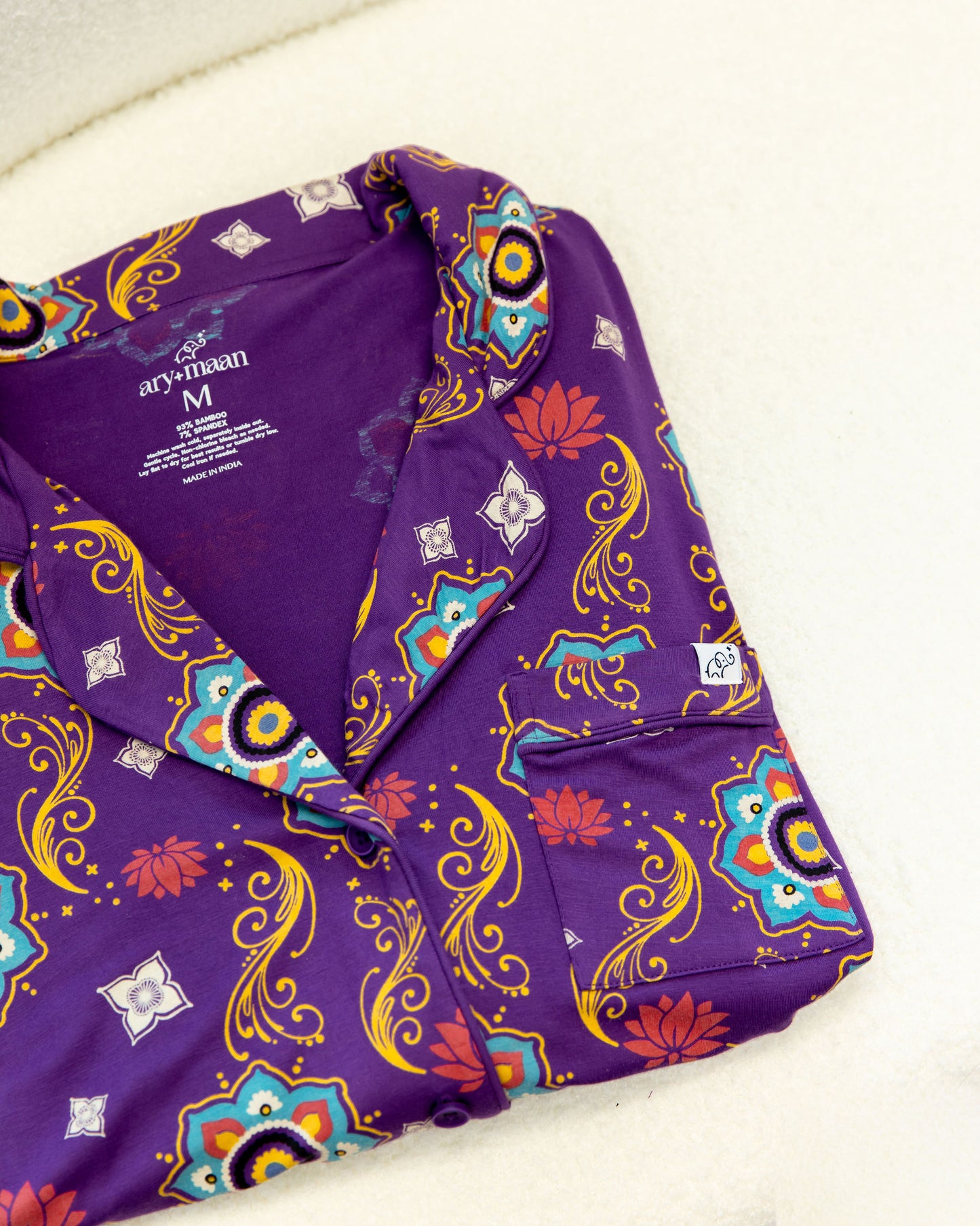Adult Long Sleeve Button-Down Top – Purple Rangoli
