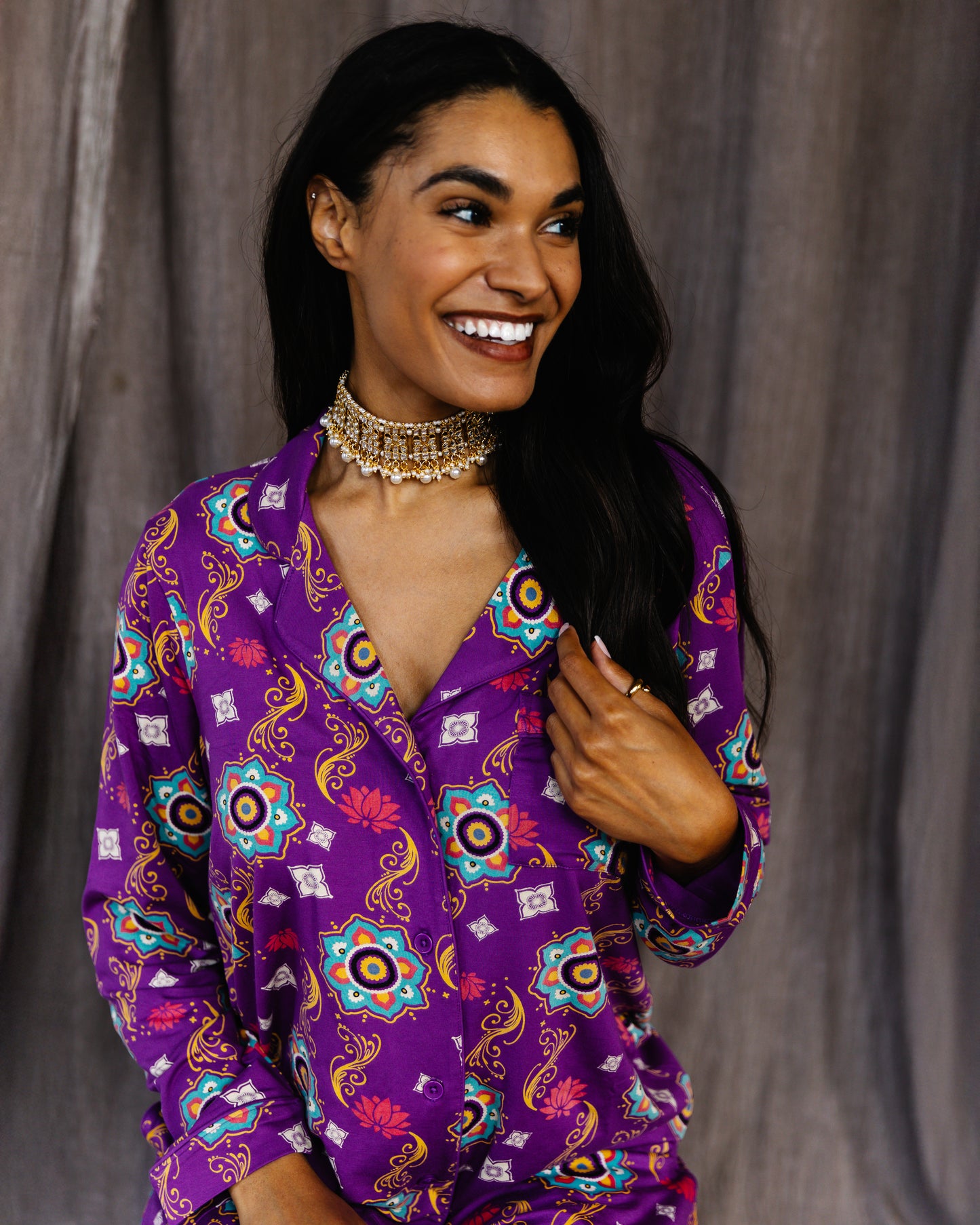 Adult Long Sleeve Button-Down Top – Purple Rangoli