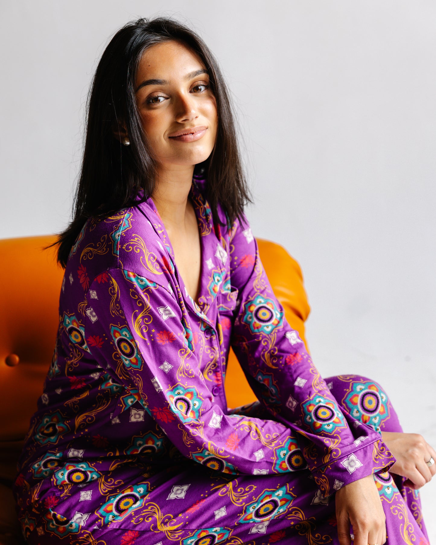 Adult Long Sleeve Button-Down Top – Purple Rangoli